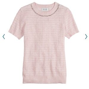 Ellie Womens Embellished Short Sleeve Sweater Light Pink Crew Neck Ribbed Cuffs